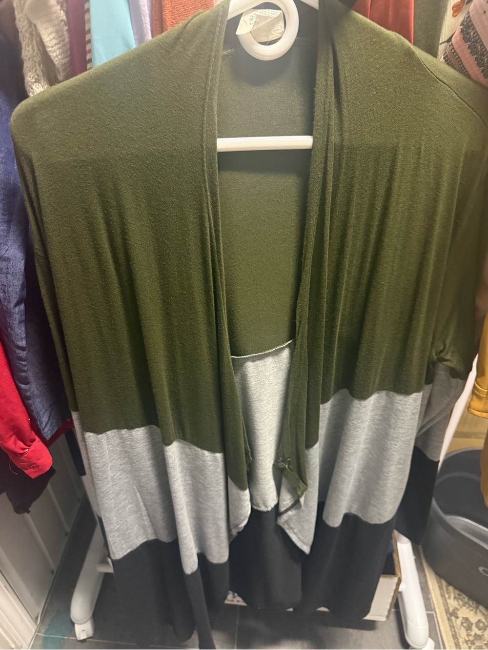 Olive Green, Gray & Black Colorblock Open-Front Women's Cardigan